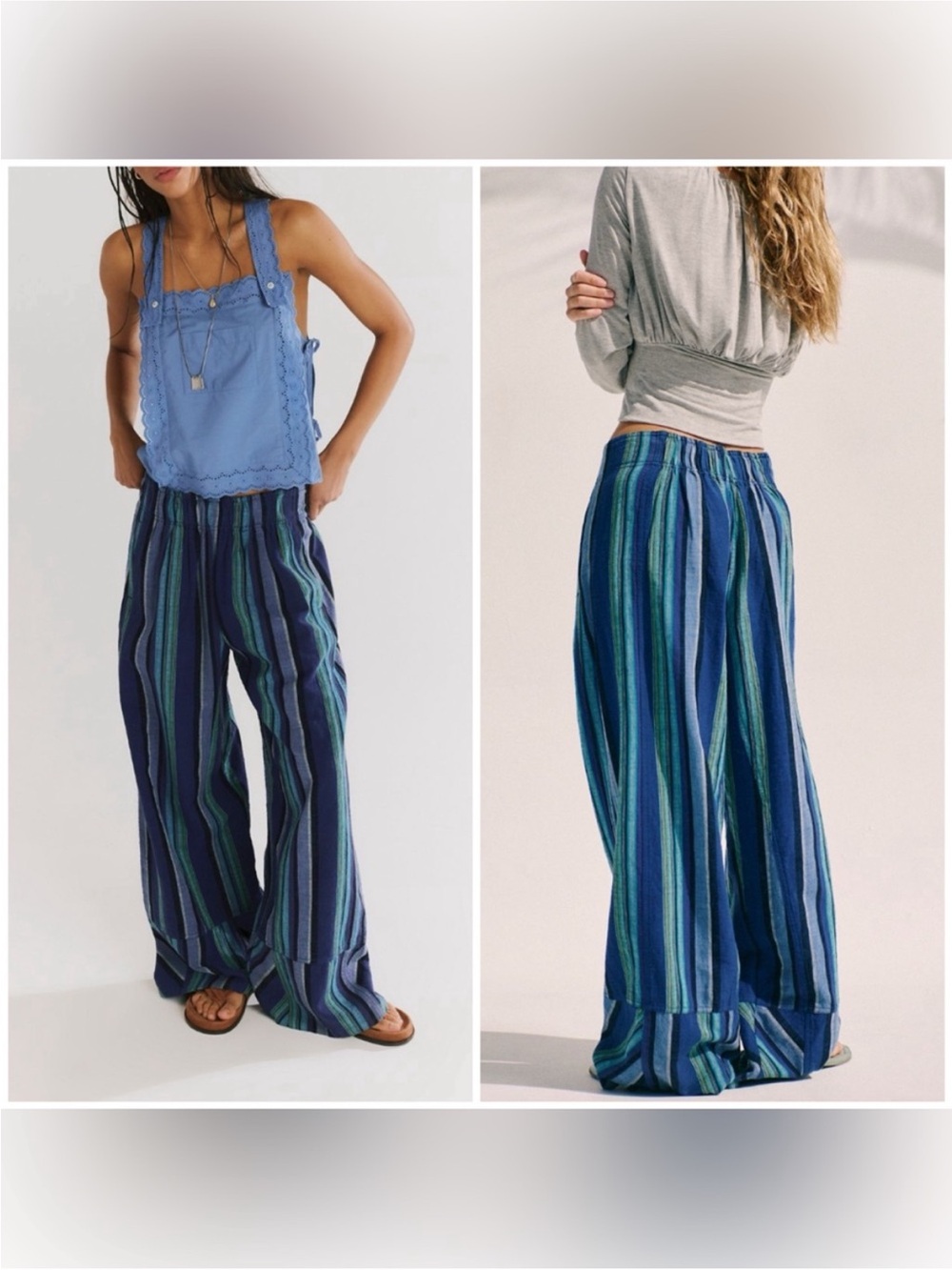 NWT Free People Day's End Linen Striped Pull-On Pants - navy combo blue - medium